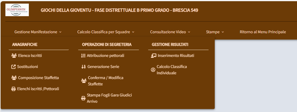 Menu gestione manifestazione